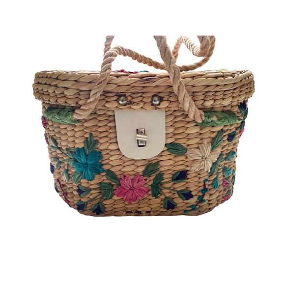 Vintage Straw Basket Top Handle Bag with Colorful Florals - Picture 2 of 16
